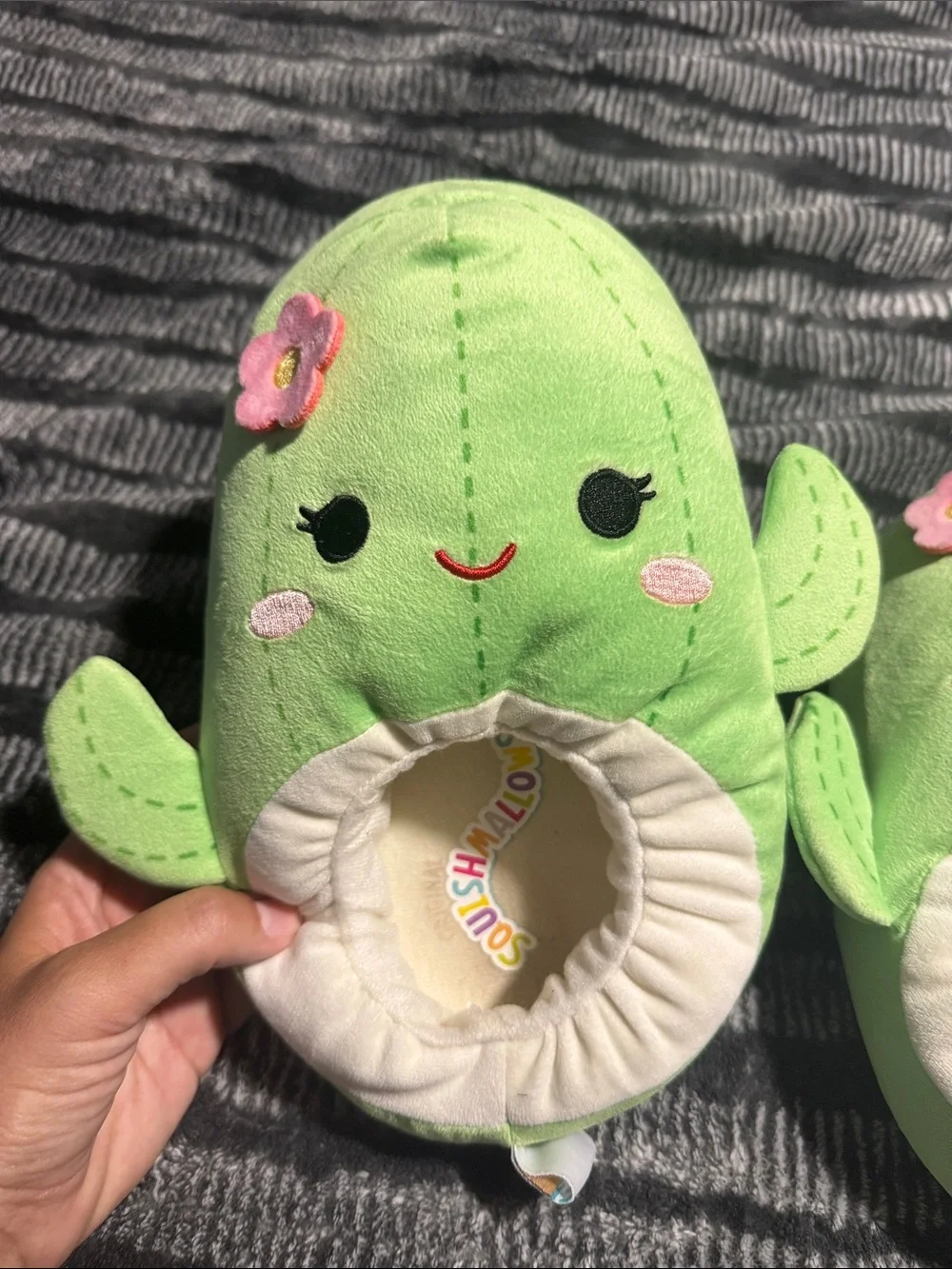 Squishmallows Green Avocado Plush Kids Slippers with Pink Flower
